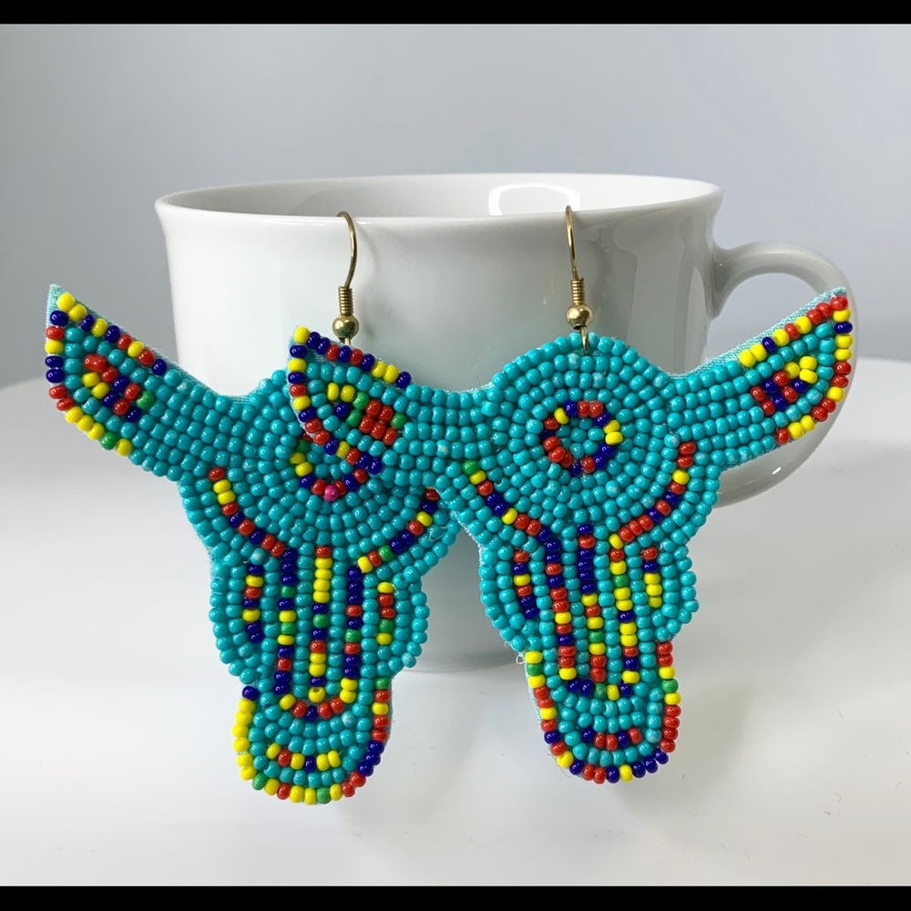 Steer Earrings Turquoise Western Beaded Cow Bull - Picture 6 of 7